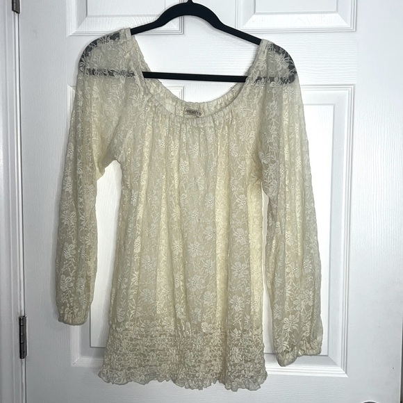 Tops - Cream Lace Peasant Blouse Sheer Boho Romantic Cottagecore Top M Arden B